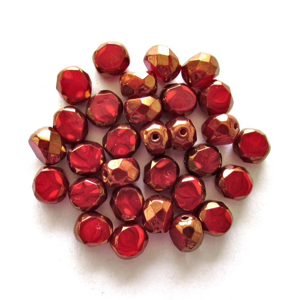 Dual faceted Czech glass beads - 8mm - marbled red silk - 2 cut table cut - thick window beads - 10 pcs - 00051