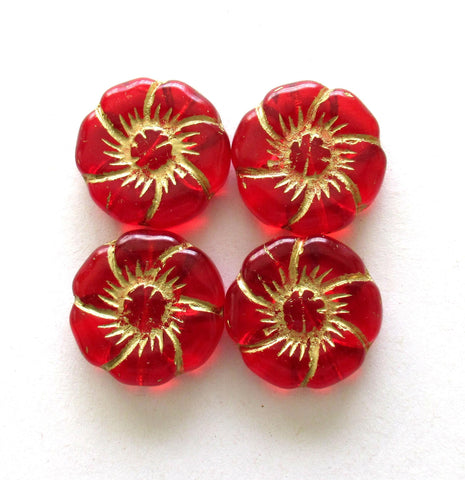 Two large 22mm Czech glass flower beads - transparent siam red beads with gold accents - pressed focal or statement beads - 00011