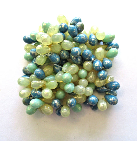 25 Czech glass drop beads - translucent champagne & opaque green and blue mix w/a picasso finish - smooth teardrop beads - 9 x 6mm C800051