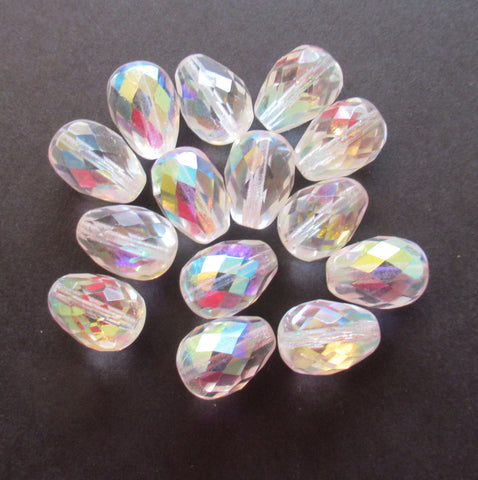 Six large Czech glass teardrop beads - Crystal AB - 16 x 12mm faceted fire polished drop beads C00602