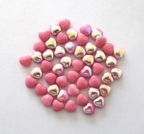 25 Czech glass heart beads - 8mm opaque deep pink ab beads - C00401