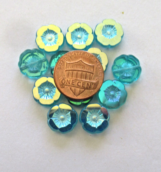 12 Czech glass flower beads - 12mm table cut, carved - aqua blue with a mirror ab finish - Hawaiian hibiscus floral beads C00012