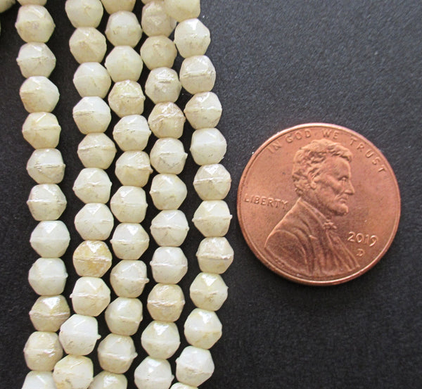 50 4mm Czech glass English cut faceted beads - opaque off white beads with a mercury finish - C0057