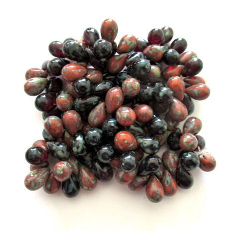 25 Czech glass drop beads - transparent garnet & opaque rust orange red with a picasso finish - smooth teardrop beads - 9 x 6mm C0049