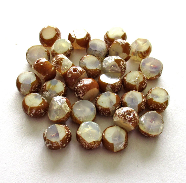 Dual faceted Czech glass beads - 8mm - milky white w/ brown & silver accents - 2 cut table cut - thick window beads - 10 pcs - 00051