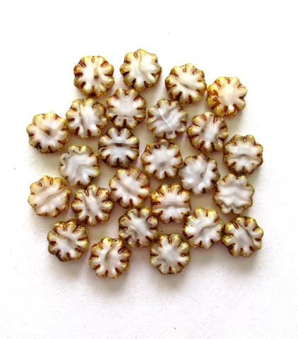 15 Czech glass flower beads - marbled white picasso beads - 9mm - table cut cactus flower beads - C00261