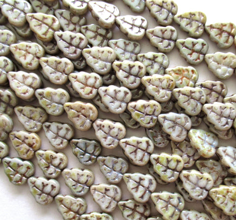 Lot of 25 Czech glass leaf beads - opaque luster green picasso - 8 x 10mm leaves - C0006