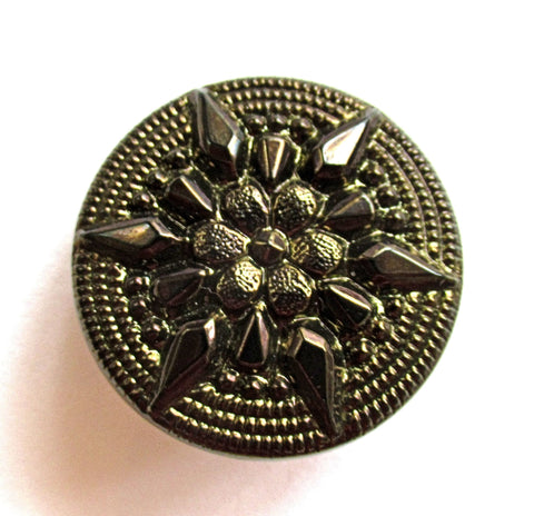 One 27mm Czech glass button, dark brown metallic luster with a raised star pattern, a decorative shank button 08201