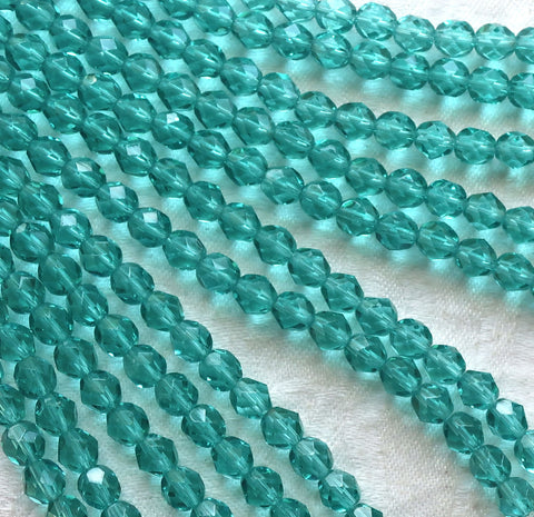 Lot of 25 6mm Czech glass beads, Light teal blue green firepolished faceted round beads C4301