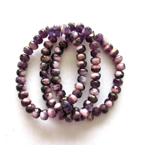 30 small Czech glass puffy rondelle beads - 3 x 5mm - tanzanite & pink luster color mix - faceted fire polished rondelles - 00011