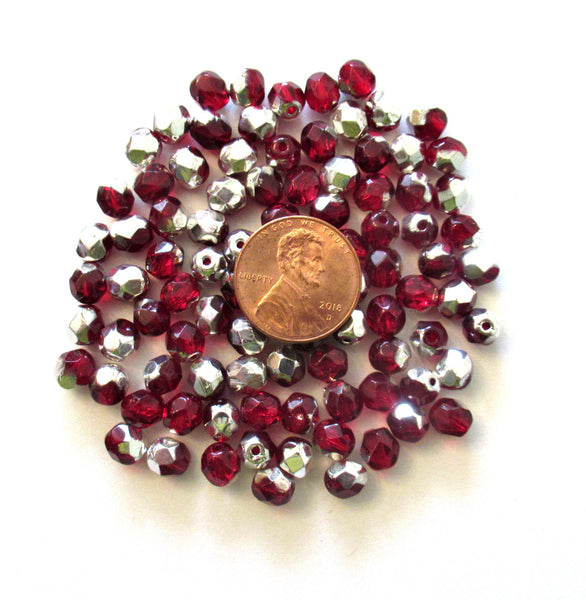 25 6mm Czech glass beads - garnet red & silver faceted fire polished round beads, C0005