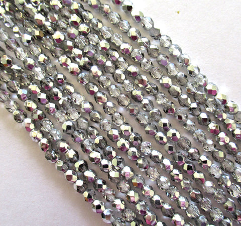 Fifty 4mm half silver Czech glass beads - silver & crystal fire polished, faceted round beads C0046