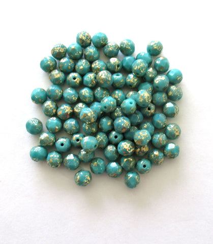 Lot of 25 6mm Czech glass beads - opaque turquoise green with splotchy gold specks - fire polished faceted round beads - C0036