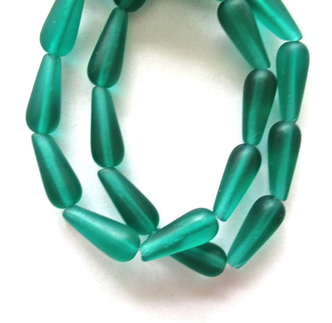 Lot of ten Czech glass teardrop beads - transparent matte teal blue green - 6 x 15mm elongated tear drops 00611