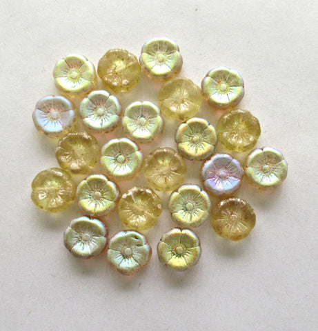 Twelve 12mm Czech glass flower beads - light yellow ab beads - Hawaiian floral beads C00122