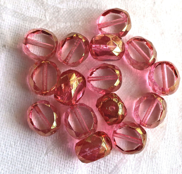 Five 12mm round, faceted. table cut Czech glass beads, pink & gold picasso window beads,, chunky statement , focal beads 611101