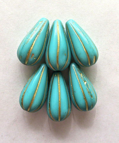 Six large Czech glass teardrop melon beads - turquoise blue green w/ gold accents - 22 x 11mm tear drop beads 00571