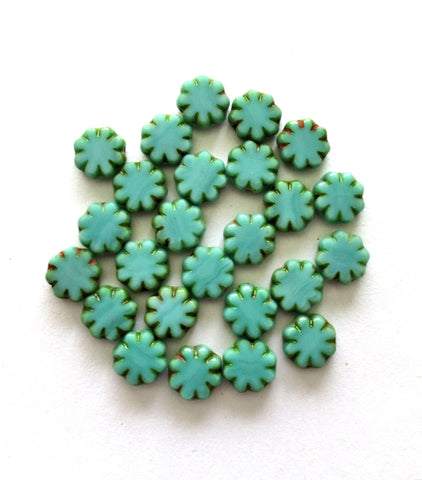 15 Czech glass flower beads - turquoise green picasso beads - 9mm - table cut cactus flower beads - C00261