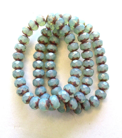 25 Czech glass puffy rondelle or donut beads - 5 x 7mm translucent light blue opal picasso beads- fire polished faceted beads 00332