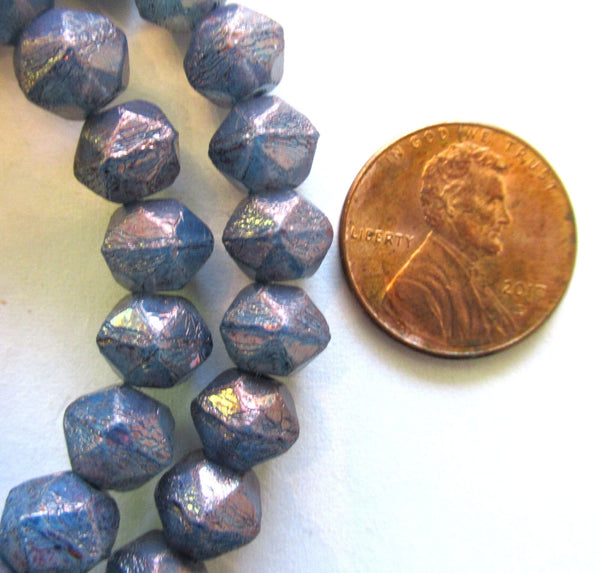 20 8mm Czech glass faceted English cut beads - blue beads with a purple luster finish - C00641