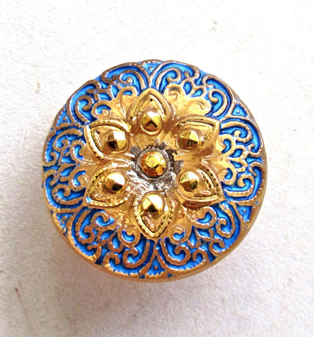 One 18mm Czech glass button - ornate star or flower pattern - gold with a blue wash - decorative shank buttons - 00052