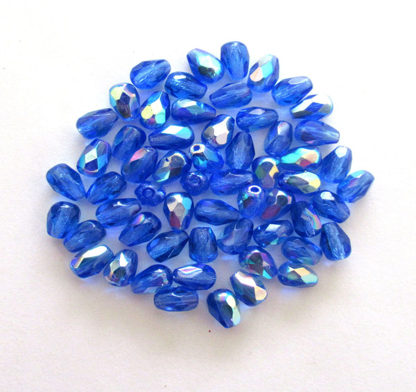 Lot of 25 7 x 5mm Sapphire Blue AB teardrop Czech glass beads, faceted fire polished beads C3701