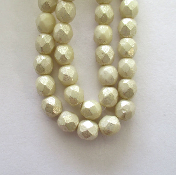 25 6mm Czech glass beads - opaque off white with a silver mercury finish - fire polished, faceted round beads C0088