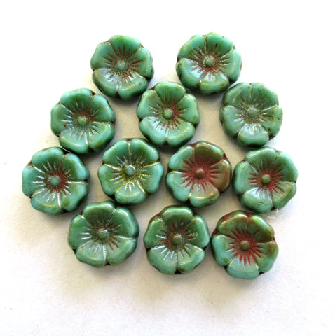 12 Czech glass flower beads - table cut carved - opaque turquoise blue green picasso - 12mm Hawaiian Hibiscus floral beads C00571