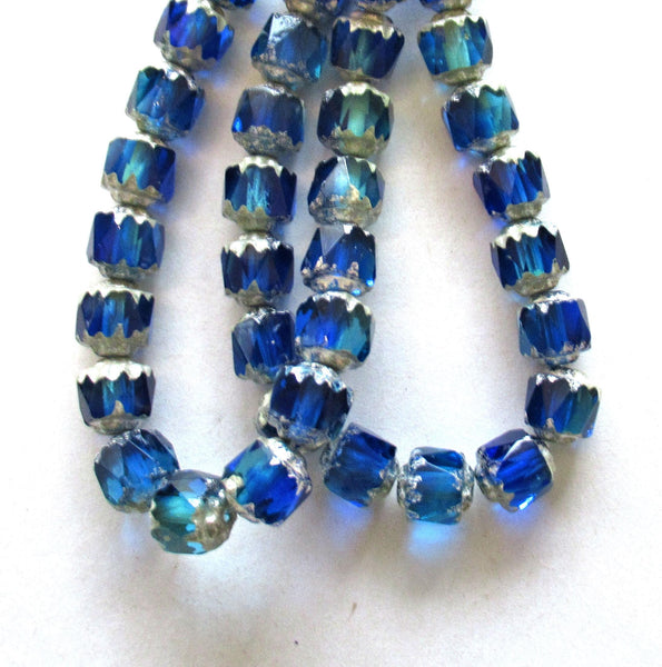 20 6mm Czech glass cathedral beads - sapphire & aqua blue mix w/ silver picasso accents - faceted fire polished antique cut beads C00081