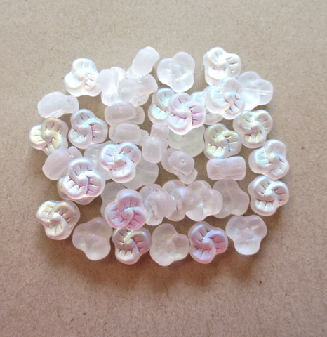 25 9mm Czech glass pansy beads - matte frosted crystal or white ab flower beads - C0067