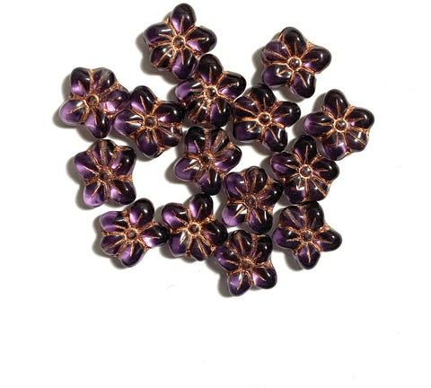 Ten Czech glass flower beads - amethyst purple with copper accents - 14 X 12mm - asymmetrical pressed glass flowers - C0921