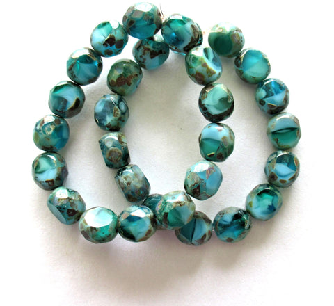 Dual faceted Czech glass beads - 8mm - marbled turquoise blue picasso - 2 cut table cut fire polished - thick window beads - 10 pcs - 0079