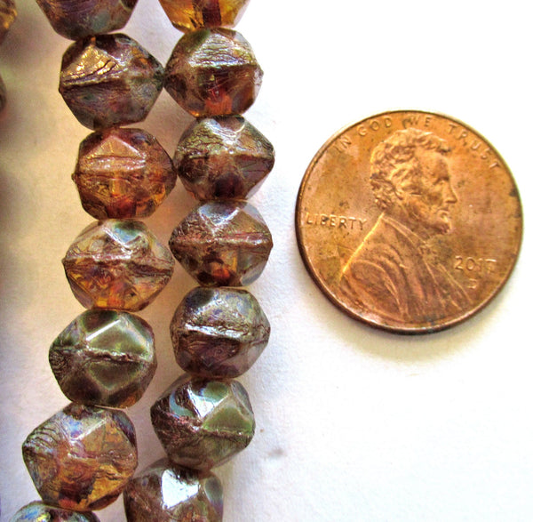 20 8mm Czech glass faceted English cut beads - topaz brown with a full picasso finish - rustic earthy beads - C00051