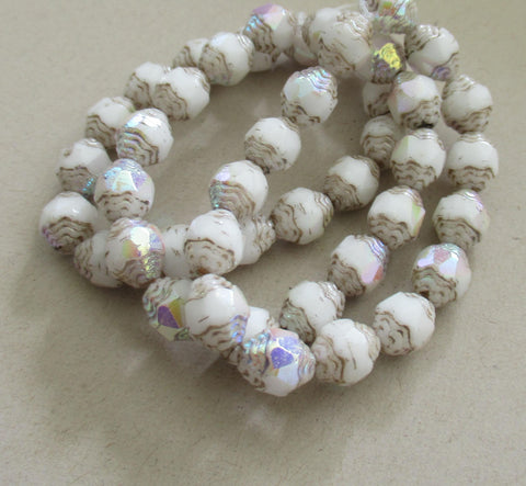 15 Czech glass mini antique style oval beads - 8 x 6mm white ab picasso beads - faceted fire polished cathedral beads - C00071