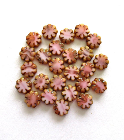 20 Czech glass flower beads - light & dark pink picasso beads - 9mm - table cut - cactus flower beads - C00871