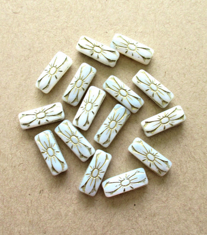 Six Czech glass flower beads - rectangular tube beads - rectangle beads - milky white with gold accents - 20 x 8mm - C0099