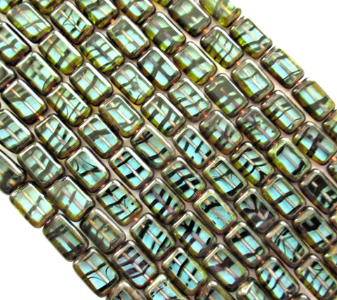 24 Czech glass rectangle beads - transparent light teal blue green tortoiseshell picasso table cut beads - tortoise shell - C00612