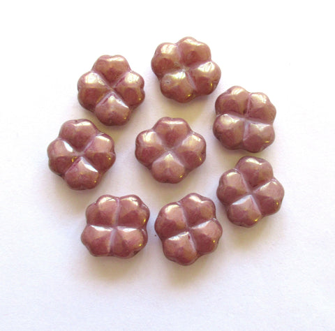 Eight 15mm Czech glass clover beads - opaque luster pink four leaf clover shaped beads - 00011