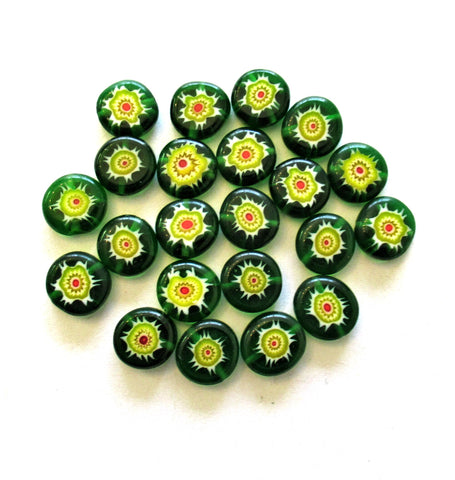 Ten 10mm cane or millefiori glass beads - green yellow and red color mix coin or disc beads - C0006