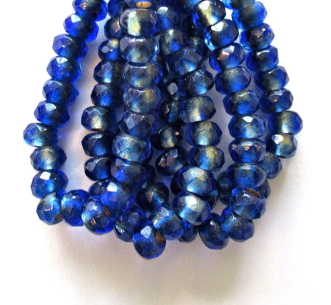 Ten Czech glass roller beads - 9 x 6mm matte sapphire blue gold lined beads - faceted rondelles big 3.5mm hole beads C00621