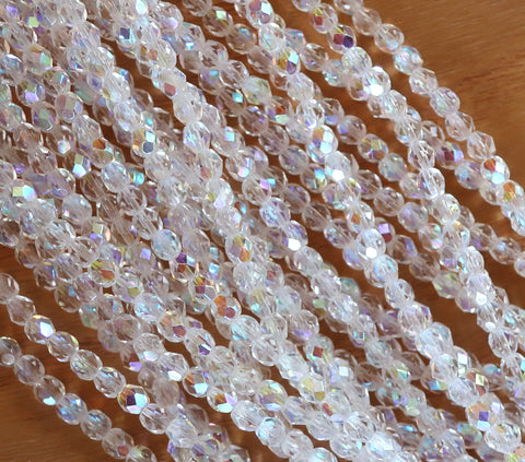 Lot of 50 4mm Crystal AB, faceted round firepolished glass beads C2501