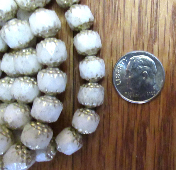 Lot of 15 8mm Czech glass cathedral beads - opaque off white w/ gold picasso accents - faceted fire polished antique cut beads C00081