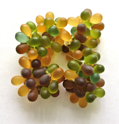 25 Czech glass drop beads - translucent matte amber, green & topaz brown mix - smooth teardrop beads - 9 x 6mm C00531