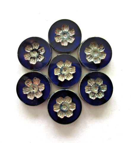 Six 16mm Czech glass flower beads - transparent cobalt blue picasso beads - thick floral coin beads - table cut carved - C00891