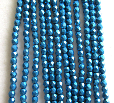 50 3mm Czech round glass beads - saturated metallic nebula blue - faceted fire polished beads - C0083