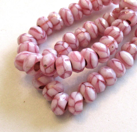 Ten Czech glass faceted roller beads - 8 x 5mm opaque & transparent pink and white marbled striped tyre beads - big 3mm hole beads C00541