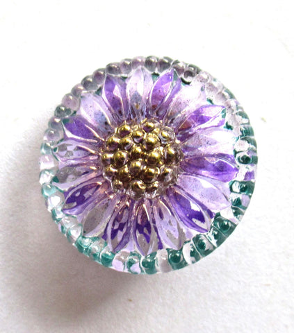 One 18mm Czech glass flower button - purple with platinum accents - decorative shank button - 00562