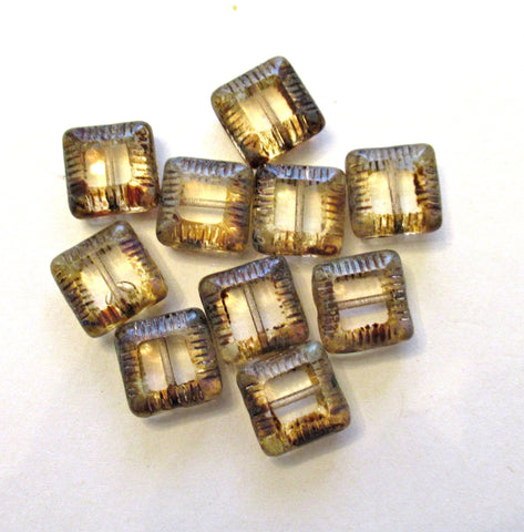 Ten 10mm Czech glass notched square beads - crystal clear beads with picasso accents - table cut carved beads - 6.3mm thick - C00391