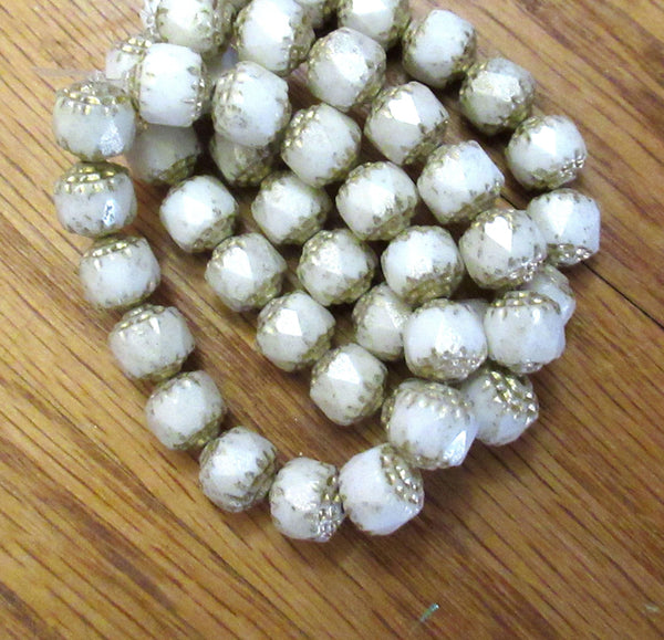 Lot of 15 8mm Czech glass cathedral beads - opaque off white w/ gold picasso accents - faceted fire polished antique cut beads C00081