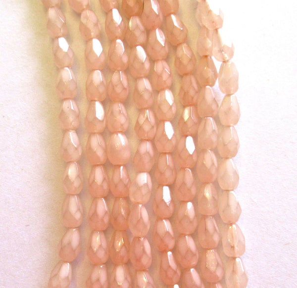 Lot of 25 7 x 5mm Czech glass teardrop beads - coated milky pink - faceted fire polished drop beads - C00211